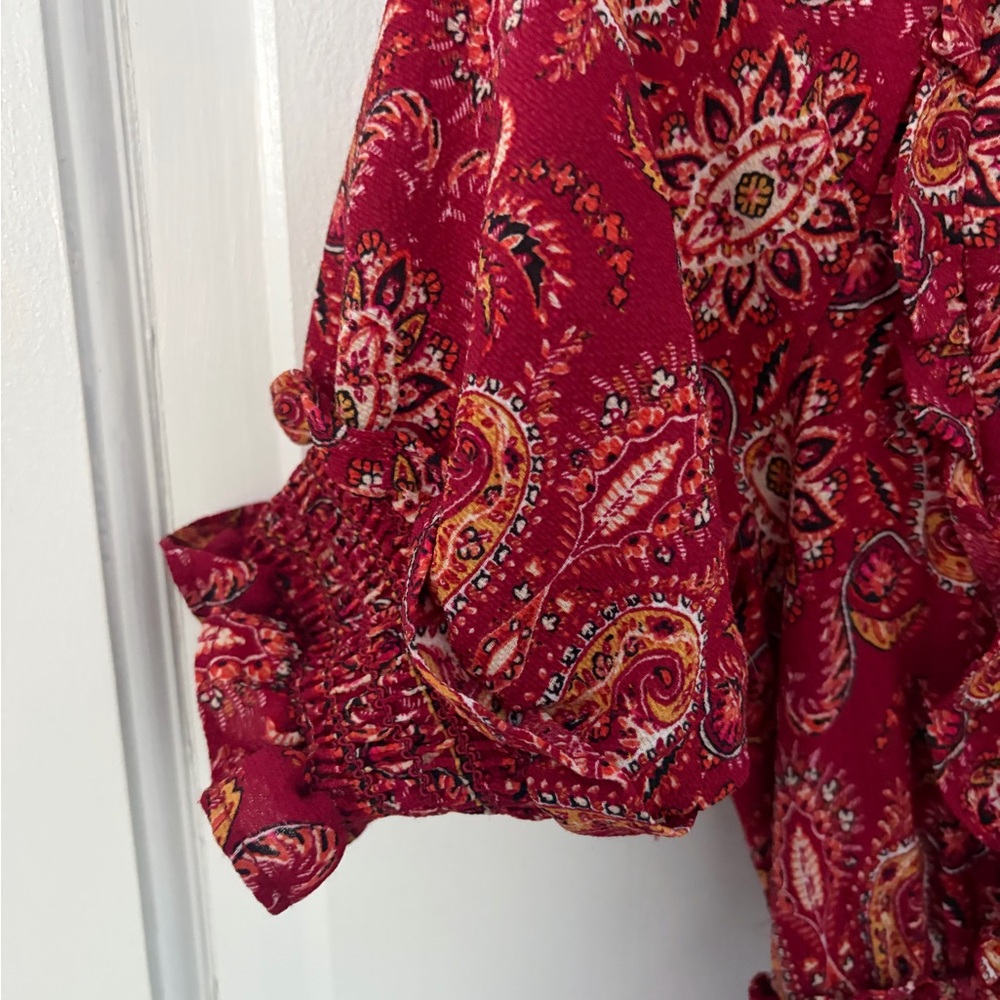 Red Paisley Maxi Dress women’s small V Neck tiered unlined ruffle smocked waist - Picture 4 of 8